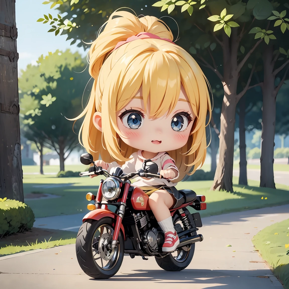 Super Chibi Character：1.8、Blonde Hair、Cute  girl、Cute Costumes、Super Chibi Character：1.8、Wearing cute shoes、Riding a cute bike