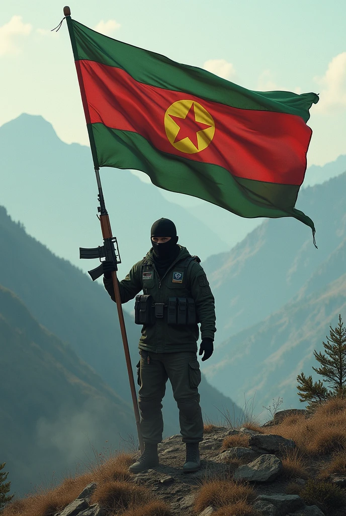 Green Red Yellow Flag with a Star in it and a Masked Face with a Kalashnikov in His Hand Protecting the Flag on the Mountain

