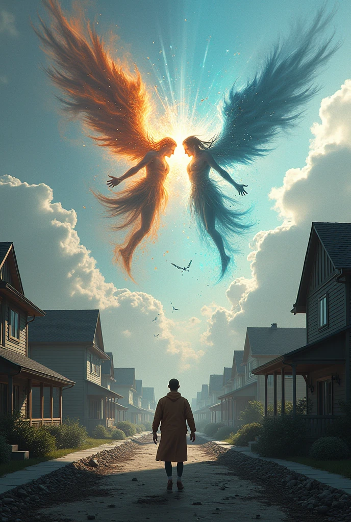 This image came out good, just destroy the houses and add two beings fighting in the air