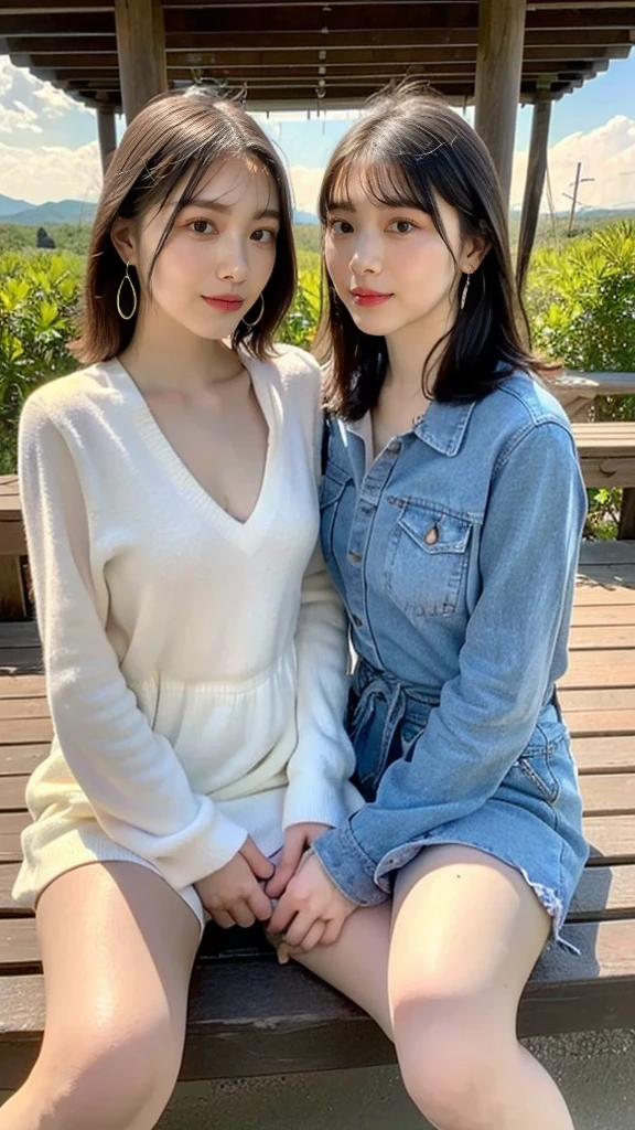 ((High-definition images, masterpiece, atmospheric perspective, 8k, Super detailed, Accurate, highest quality)), (((Cute Western woman masturbating))), (casual style), Jacket, unbuttoned shirt, swollen areole, (round face, realistic size of eyes, droopy eyes, blush, smile), (((stand and spread your legs, focus on pubic hair))), (in the forest, Mountain, rock, Narrow River, At night), blonde braided hair, small earrings, thin necklace, (light makeup),
(((cloned face)))
(((similar identical twins)))
All the girls have the exact same face, The two have the same face and figure, as if they were mirror images