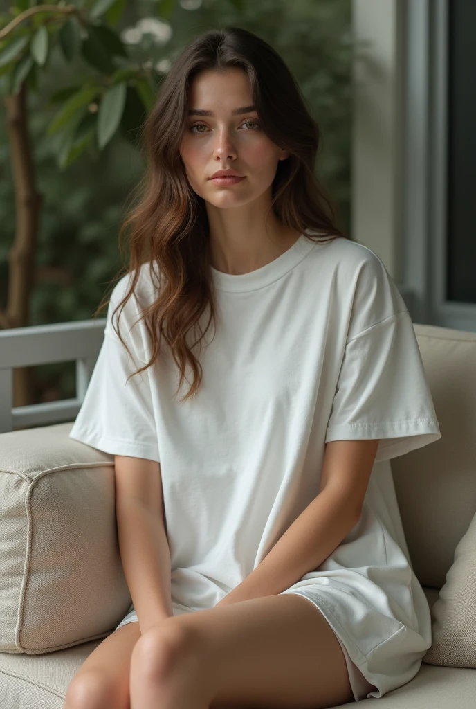 (photorealism:1.2), beautiful woman, wearing oversized t-shirt, sitting on a couch, simple lighting, outdoor, realistic, Simple colors