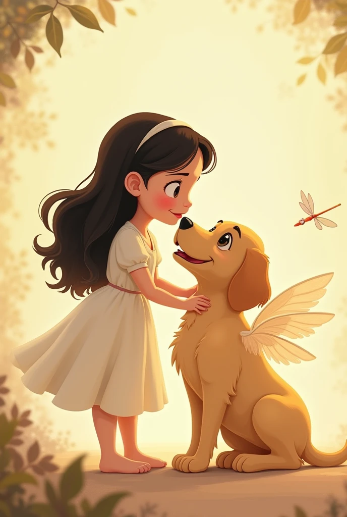 Generates a cute Disney-style cartoon of a dog with golden yellow fur and white tones, a Labrador breed that is not as big as it is, smiling, hairy and with angel wings. (the little dog is sitting) and a girl with long wavy black hair and white skin with a pretty smile, thin and a wide white diver. That she is stroking his ruffled fur between half hugs and a dragonfly flying around her