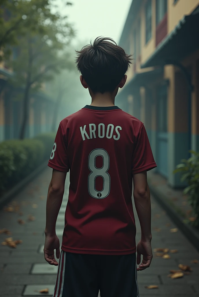 A teenager with his back turned a little dark with short brown hair, with a kroos 8 madrid shirt. Desperately searching for another missing player at the Arroyo Hondo Institute in Rota