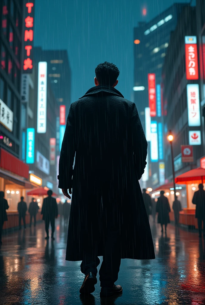 A man wearing a black overcoat in the rain in Tokyo at night