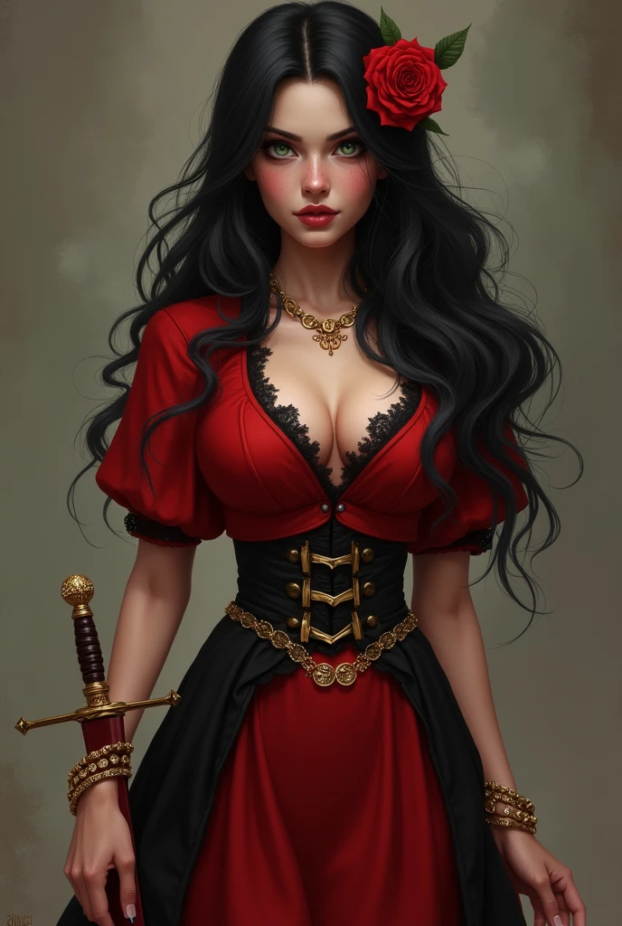 A light-skinned woman with long black hair, greeneyes, a red rose from the hair, breasts small , wide hip, wearing a red bolero , with a long red skirt with a black hem , gold bracelets and a coin chain around her waist and a red dagger tied around her ankle.