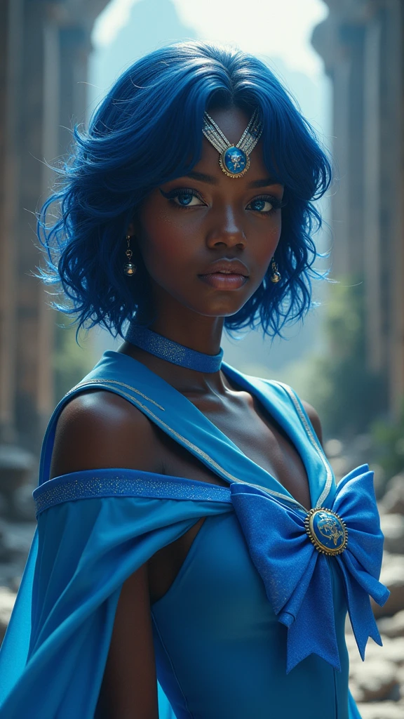 Sailor Mercury  with blue hair and a blue cape on her head, (dark ebony skin:1.4), artgerm jsc, portrait knights of zodiac girl, extremely detailed artgerm, ross tran 8 k, in the style of ross tran, artgerm julie bell beeple, by Ross Tran, ross tran style, alena aenami and artgerm, inspired by Ross Tran, high quality, (RAW photo, best quality), (realistic, photorealistic: 1.4), (extremely delicate and beautiful: 1.4), amazing, fine details, masterpiece, ultra detailed, high resolution, best illustration, best shadow, intricate, ( extremely intricate: 1.2), (exquisitely detailed skin), cinematic light, perfect anatomy, (cool color: 1.4), sharp focus, 8k UHD, DSLR, (Fujifilm XT3),(dark ebony skin:1.4),( iluminación cinematográfica :1.4), ,(Fondo de ruinas de mazmorra en ruinas:1.4 ),( pose americano :1.4), (Sailor Mercury :1.4), (un uniforme con falda de color azul y moños celestes:1.4) .(85mm F/1.4), (distintas extensiones de rostro :1.4), (hermosa mujer belleza una diosa de la naturaleza :1.4), Epic Fantasy Art Style HD, 4K fantasy art, epic fantasy digital art style, epic fantasy art style, Fantasy Woman, epic fantasy art portrait, Epic fantasy style, hyperrealistic fantasy art, hd fantasy art, Epic fantasy character art, epic fantasy art, in style of dark fantasy art, epic fantasy digital art, (Sailor moon Mercury:1.4), (Sailor Mercury V2.1) 