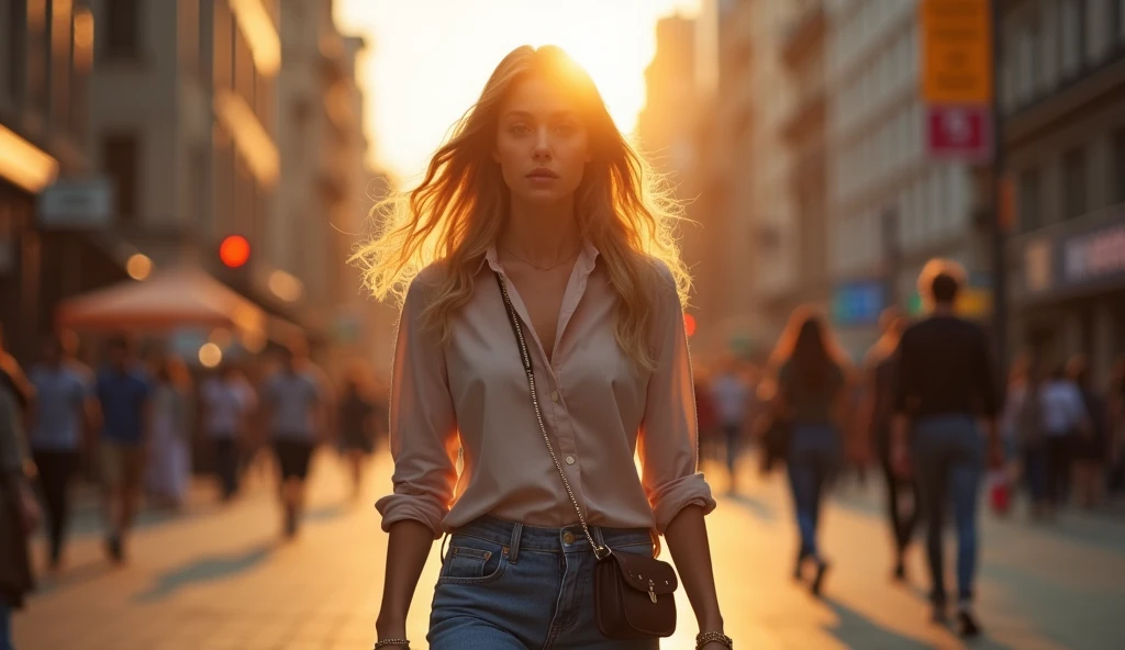 "A young woman with light blonde, wavy hair, styled in loose waves, walking down a busy city street at sunset. She is wearing a casual yet stylish outfit—high-waisted jeans and a tucked-in blouse, with a small crossbody bag. The photo captures her in mid-stride, her hair catching the golden light of the setting sun. The background is a blur of city life, with people and buildings, creating a sense of movement and energy."