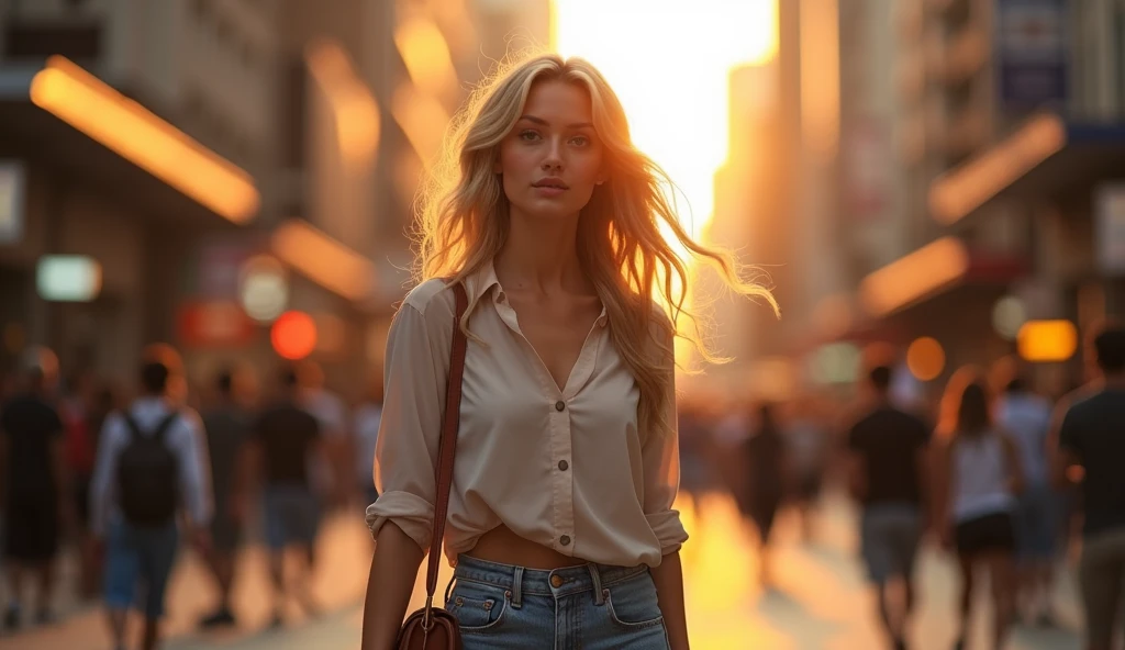 "A young woman with light blonde, wavy hair, styled in loose waves, walking down a busy city street at sunset. She is wearing a casual yet stylish outfit—high-waisted jeans and a tucked-in blouse, with a small crossbody bag. The photo captures her in mid-stride, her hair catching the golden light of the setting sun. The background is a blur of city life, with people and buildings, creating a sense of movement and energy."