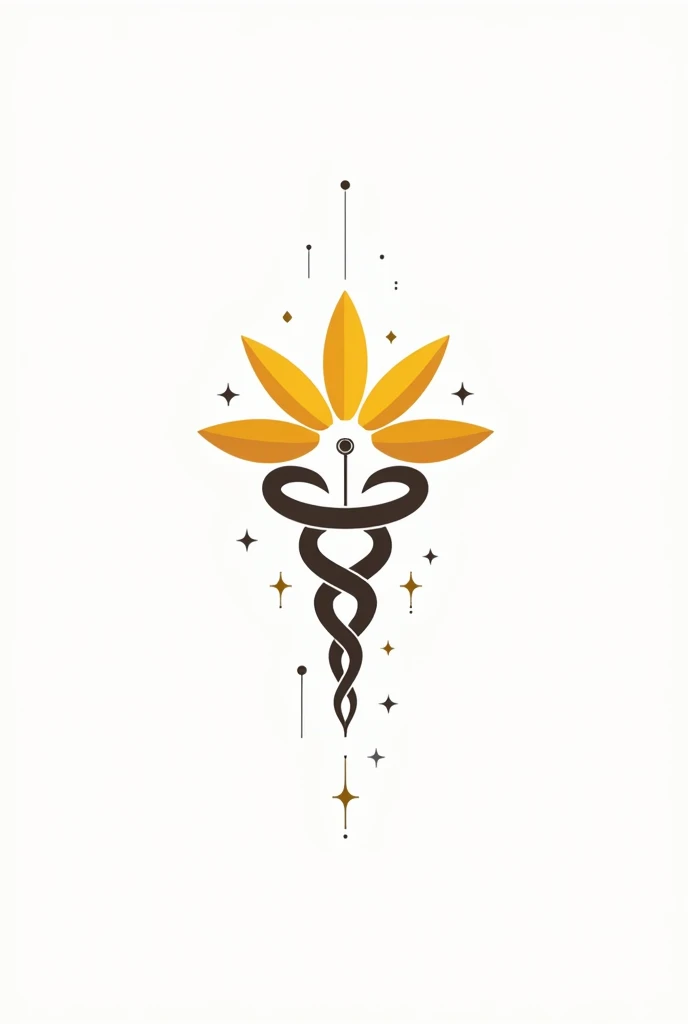 A logo with abstract shapes, for a medical clinic, mixing the symbol of Hermes' caduceus with sunflower, and the stars along the caduceus in the vertical of the southern cross constellation. vector style, solid colors. The logo must be in 4X4 format. Ratio 4:4. white background. Background transparent.