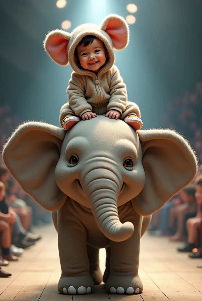 A cute baby girl is smiling and wearing an elephant costume、Riding on a real elephant、Elephant Fashion Show - Super Realistic Runway