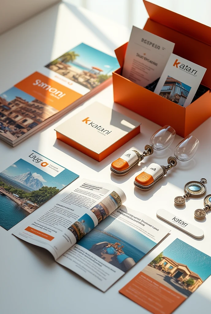 Create an image of a welcome kit that includes promotional materials from Katari, as information leaflets, Additional discounts for future reservations and small gifts such as commemorative glasses or Katari branded keychains.