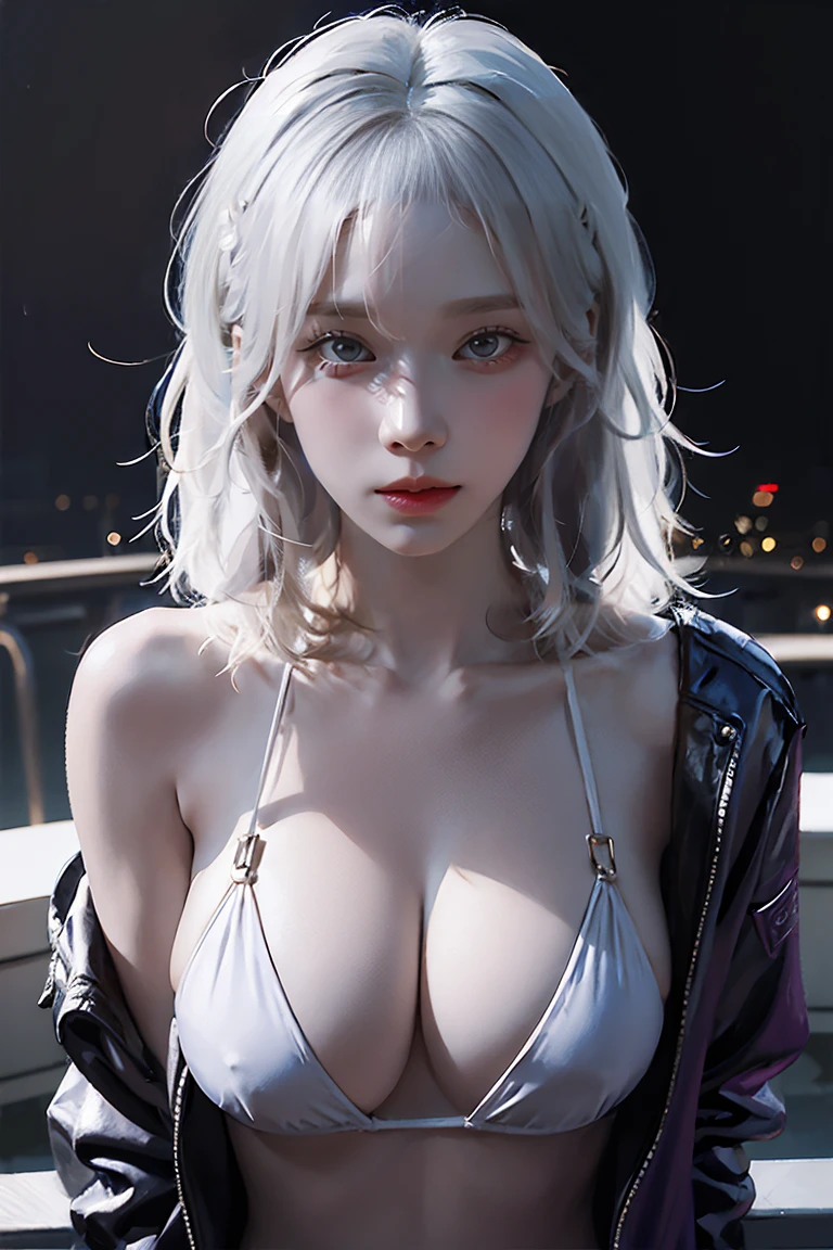 (masterpiece, Highest quality:1.2), 1 person, alone, Close-up of a woman in a bikini and jacket posing leaning against a railing, cyber punk, cyber punkオッパイ, cyber punkアニメアート,Browsing Caution, ((Woman with tattoo on chest)), Erect nipples, ((Short white hair with bangs, Black strands of hair)), Purple eyes,. 超High resolution.Realistic. 超High resolution.Realistic:1.4,超High resolution. Realistic，High resolutionで, masterpiece, Highest quality, Very detailed, Better Shadows, Volumetric lighting), super high quality, High resolution, 8k, 超Realisticな肖像画 , Realistic, Dynamic Lighting, Volumetric lighting, Very detailed顔