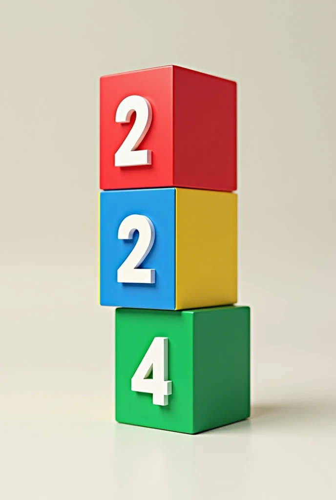 Create a stack of 4 colorful wooden cubes on top of each other with each cube having the number 2, 0, 2 and 4