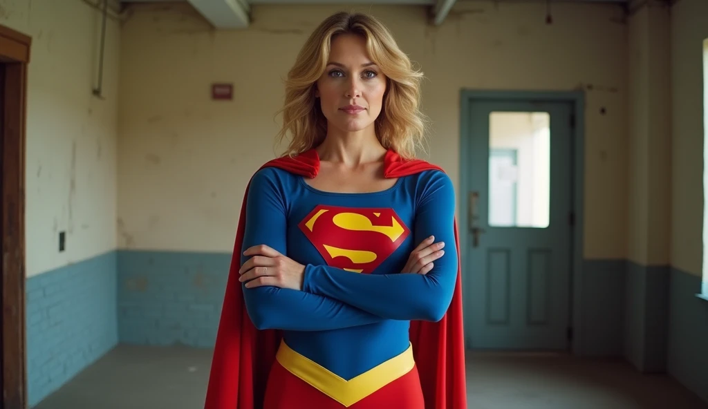 (((very beautiful old Supergirl (((1980s costume))) Julie Hagerty))) Super woman Julie Hagerty; confident, powerful, indestructible, attractive; big and firm chest; strong breasts; arms crossed, levanta facilmente uma geladeira sobre sua cabeça; arms of a strong woman. HD. Photograph, ((realism)), extremely high quality RAW photograph, ultra detailed photograph, sharp focus, high resolution, (detailed skin:1,3),high quality, film grain, Fujifilm XT3,Highly Detailed, movie, (Cinematic Photo:1.3) of (Realistic:1.3)