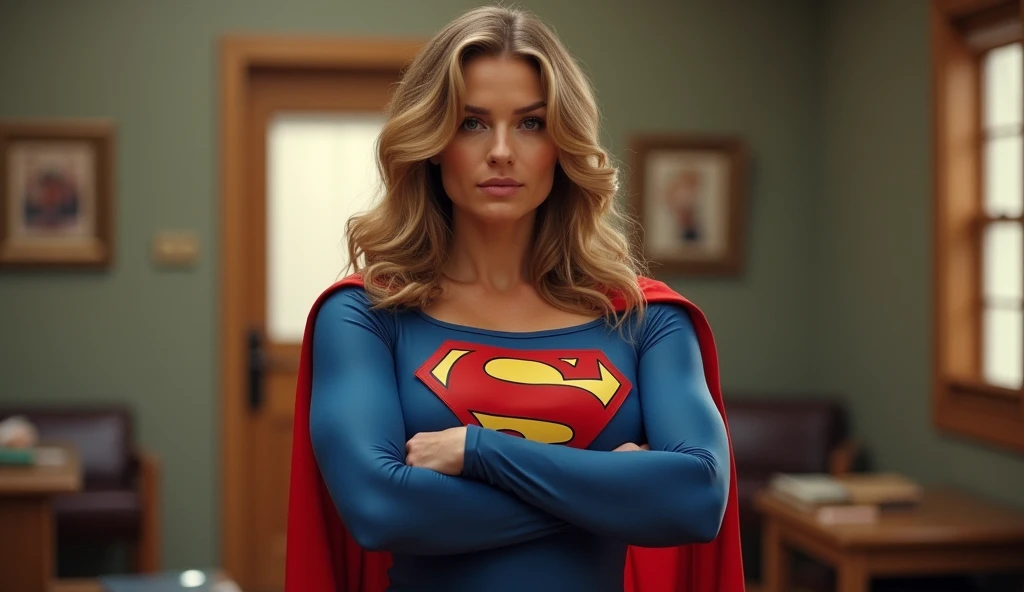 (((very beautiful old Supergirl (((1980s costume))) Julie Hagerty))) Super woman Julie Hagerty; confident, powerful, indestructible, attractive; big and firm chest; strong breasts; arms crossed, levanta facilmente uma geladeira sobre sua cabeça; arms of a strong woman. HD. Photograph, ((realism)), extremely high quality RAW photograph, ultra detailed photograph, sharp focus, high resolution, (detailed skin:1,3),high quality, film grain, Fujifilm XT3,Highly Detailed, movie, (Cinematic Photo:1.3) of (Realistic:1.3)