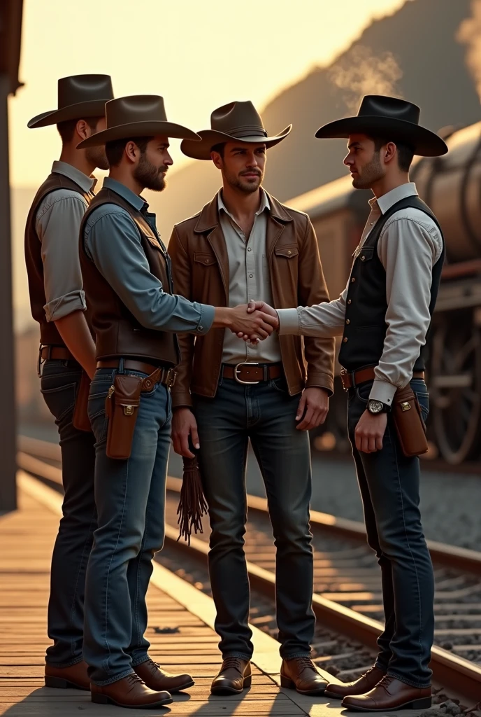 4 comwoy man saying goodbye to his friend at a train stop