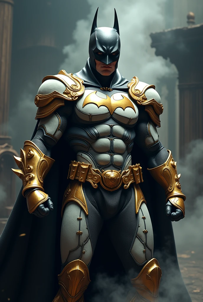 (Extremely detailed and realistic CG, master part, Best Quality, ultra detailed) Batman in gold and white suit, (better lighting, best shadow, an extremely delicate and beautiful), dynamic angle, atmospheric cinematic, mechanic, billowing smoke, vapor, vibrant colors. batman is a paladin with sword and shield. On his chest he has the batman shield, the bat shield