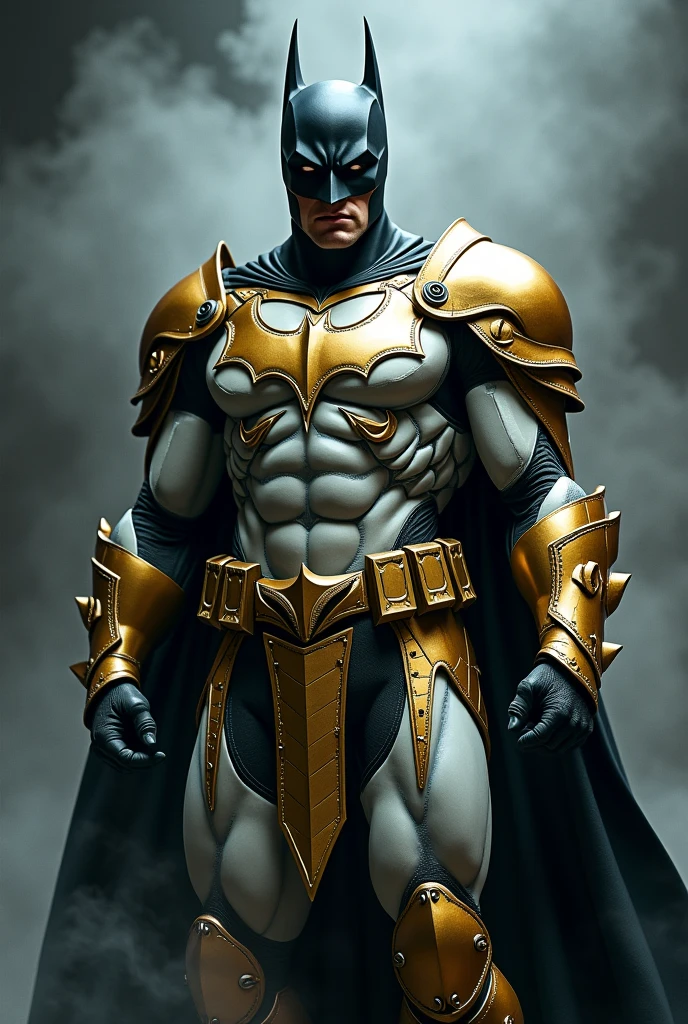 (Extremely detailed and realistic CG, master part, Best Quality, ultra detailed) Batman in gold and white suit, (better lighting, best shadow, an extremely delicate and beautiful), dynamic angle, atmospheric cinematic, mechanic, billowing smoke, vapor, vibrant colors. batman is a paladin with sword and shield. On his chest he has the batman shield, the bat shield