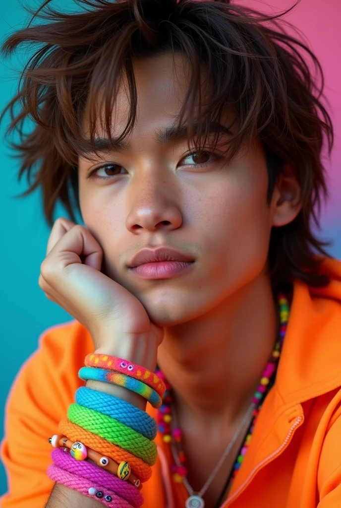 Gay, white boy Filipino, has a lot of bracelets, wear unique or neon clothes and has brown long shaggy messy hair, ugly
