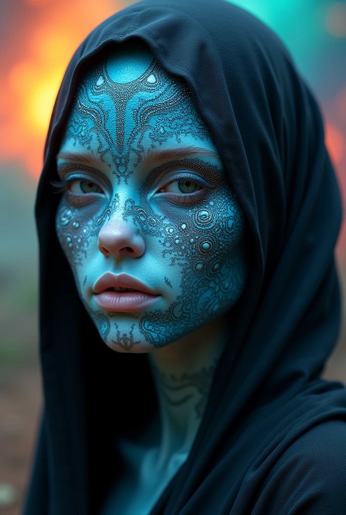 a close-up of a beautiful blue lizard skinned Ethiopian black hooded female being with circular tattoo patterns on her face with a rainbow nebula background