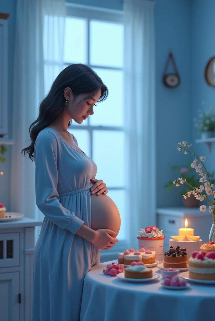 Pregnant woman near table with sweet and tempting foods in shades of blue