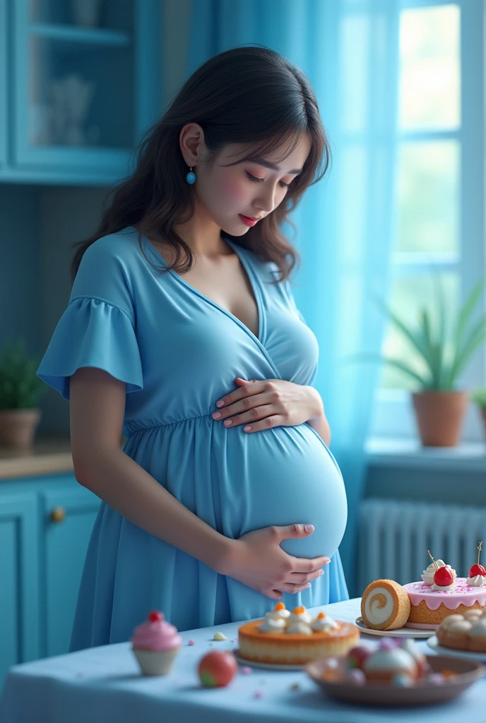 Pregnant woman near table with sweet and tempting foods in shades of blue