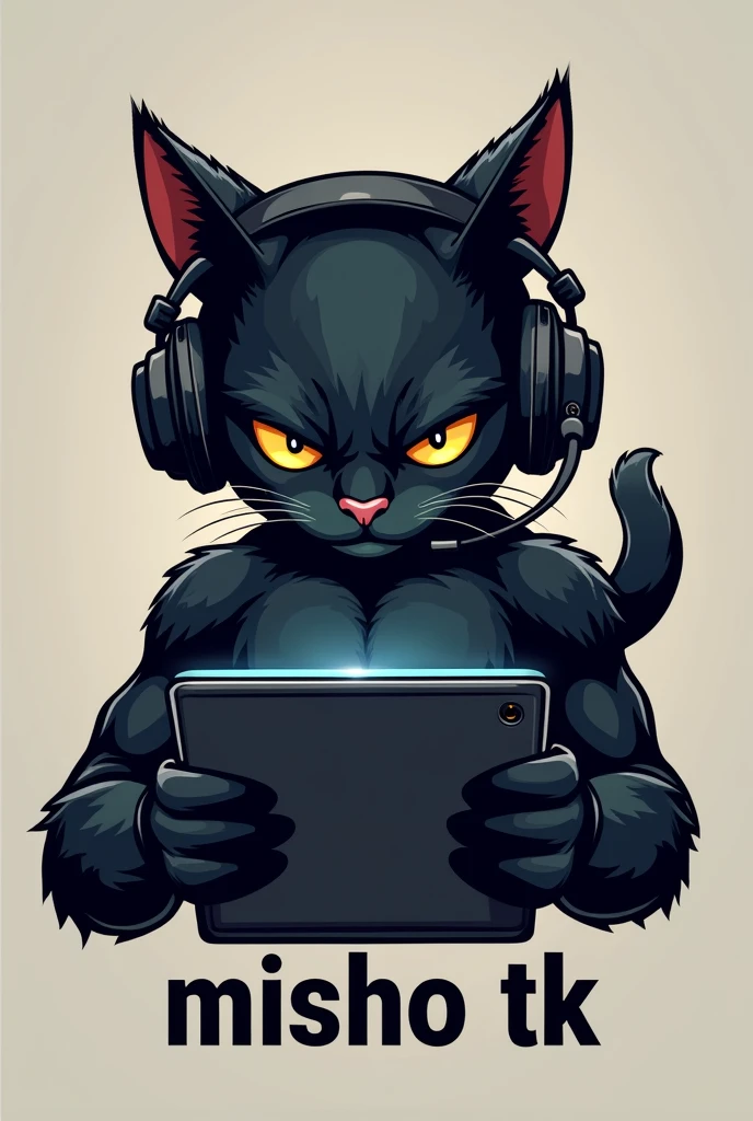 Can you create me a logo of a black cat that looks tough GEIMER that has headphones AND IS PLAYING WITH HIS TABLET and below that has the words "MISHO TK"