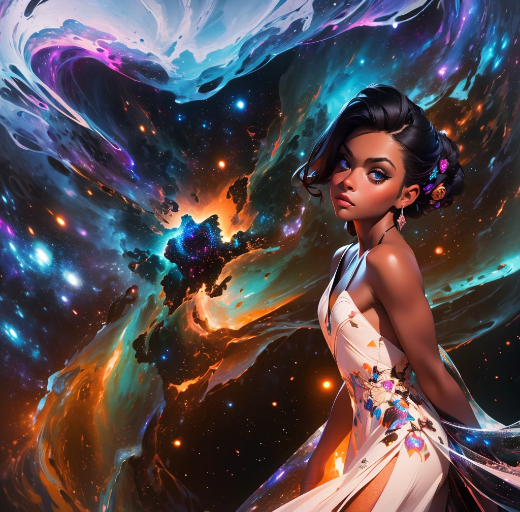 (masterpiece, best quality, highres, high resolution:1.2), extremely detailed, realistic, intricate details, 1girl, solo, looking at viewer, (abstract art:1.3), (dark theme:1.2), art, stylized, deep shadow, dark theme, cosmic nebula galaxies dress, cosmic beauty, in space, nebula, (cinematic lighting, bloom, volumetric),