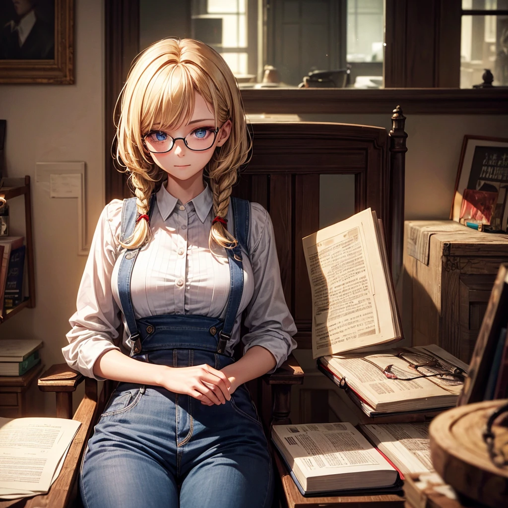Solitary, 1 Girl, masterpiece, best quality, Extremely detailed, Movie Lighting, Intricate details, high resolution, Official Art, Delicate and beautiful face and eyes, high resolution插图, 8K, Dark, intense shadows, Overexposure, [Blonde Hair/Brown hair], Single Braid, blue eyes, Glasses, smug, sit on the chair, Upper Body, Large Breasts, White shirt, Suspenders, Book_heap, 图Book馆, ((vine)), Rose, Looking at the audience