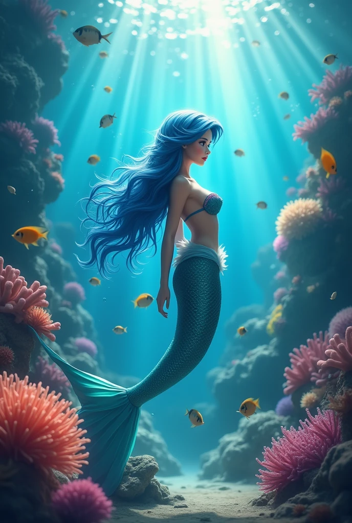 The little mermaid with blue hair Bright blue eyes Between the corals and clear rays of sun