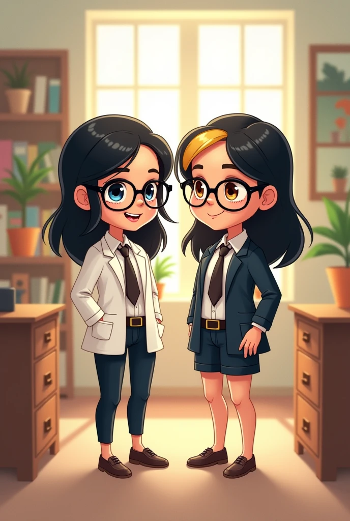 Cartoon of twin psychologists of average build, size 1.50 cm, one with black hair with a blonde streak and the other with medium black hair, both with glasses 