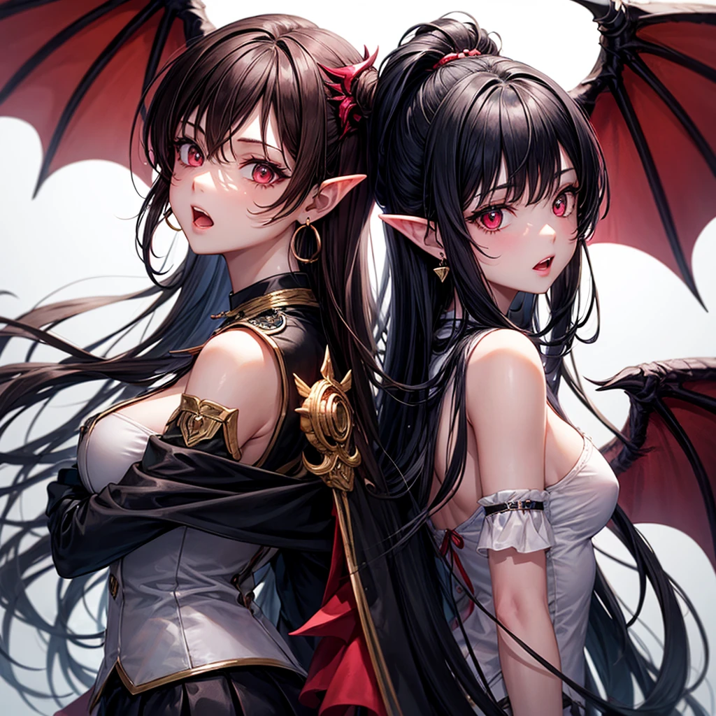 1 Girl, 1 boy, trumpet, Uniforms, Pointed ears, wing, earrings, Seraph, Jewelry, White background, Upper Body, Red Eyes, demon wing, demon trumpet, Devil Boy, Simple background, Back to Back, Pink Eyes, Open your mouth, black Seraph, Brown hair, Devil Girl, Black Hair, Looking at the audience, Long hair, Xuelan