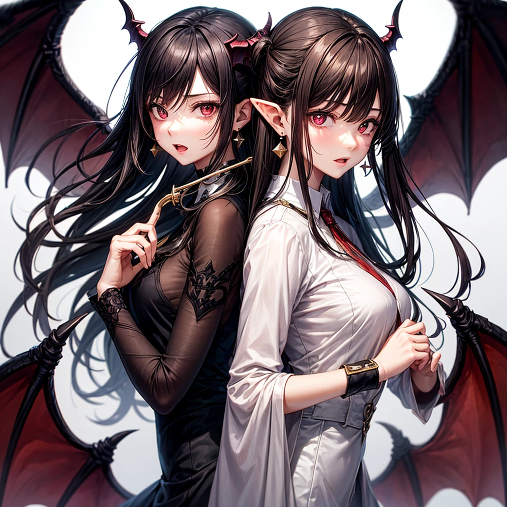 1 Girl, 1 boy, trumpet, Uniforms, Pointed ears, wing, earrings, Seraph, Jewelry, White background, Upper Body, Red Eyes, demon wing, demon trumpet, Devil Boy, Simple background, Back to Back, Pink Eyes, Open your mouth, black Seraph, Brown hair, Devil Girl, Black Hair, Looking at the audience, Long hair, Xuelan