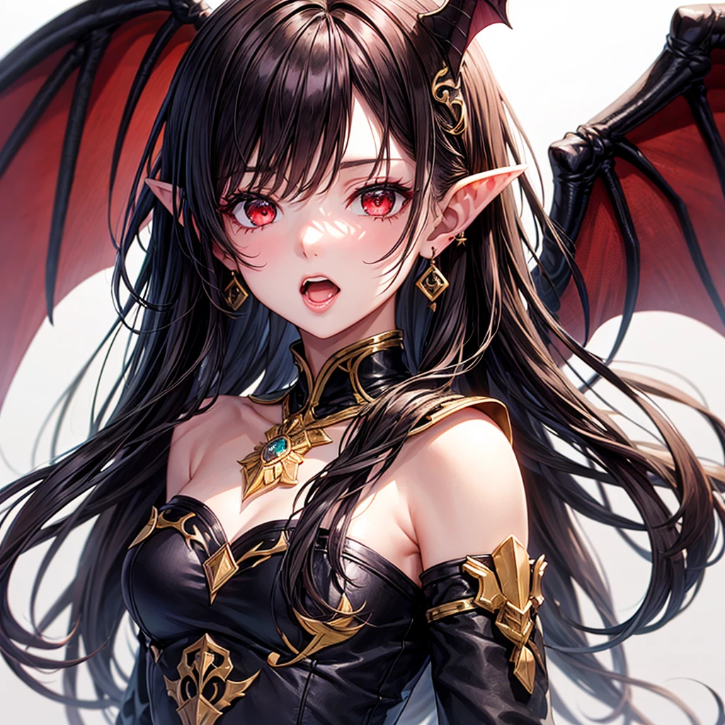 1 Girl, 1 boy, trumpet, Uniforms, Pointed ears, wing, earrings, Seraph, Jewelry, White background, Upper Body, Red Eyes, demon wing, demon trumpet, Devil Boy, Simple background, Back to Back, Pink Eyes, Open your mouth, black Seraph, Brown hair, Devil Girl, Black Hair, Looking at the audience, Long hair, Xuelan