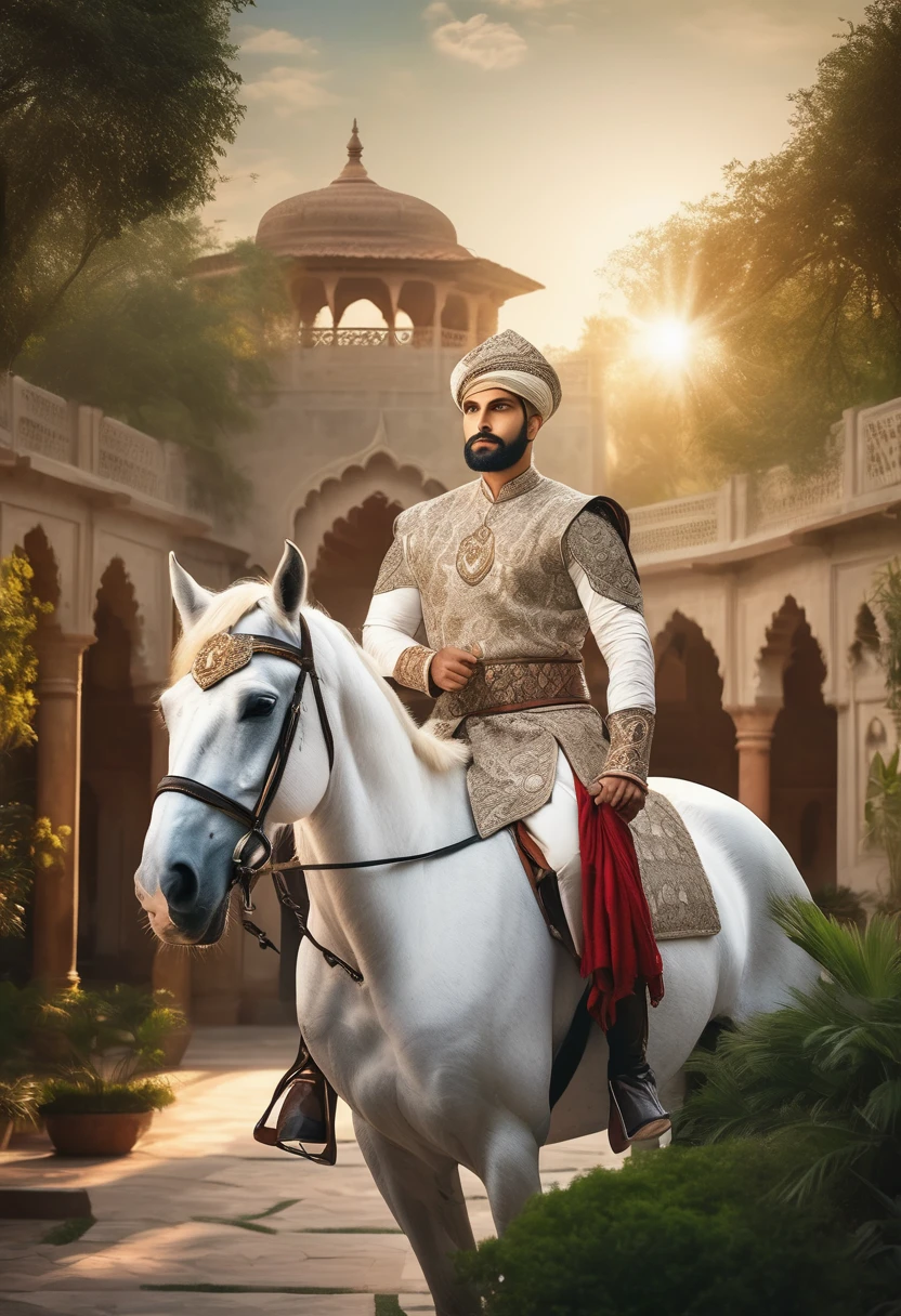 a powerful man in mughal clothing, detailed facial features, muscular build, stern expression, on a white horse, in a lush garden setting, medieval architecture in the background, intricate embroidered fabric, shining armor, dramatic lighting, deep shadows, cinematic composition, photorealistic, 8k, high quality, masterpiece
