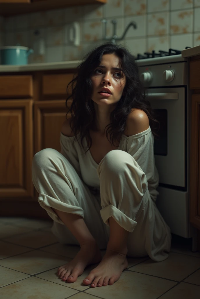I want a beautiful woman sitting on the kitchen floor of her apartment, very sad, crying.