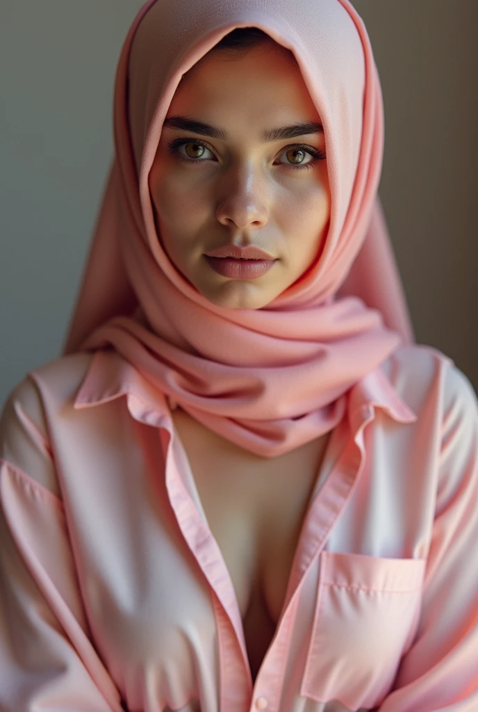 Women open shirt. Hijab pink open shirt.