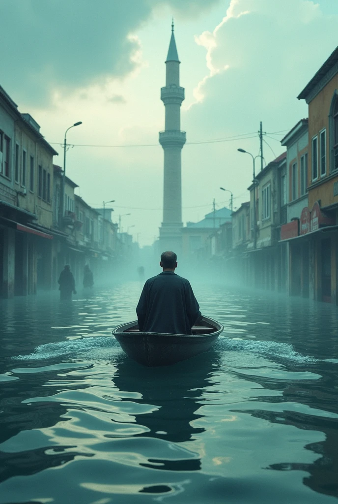 A man took a boat in the flood and went to the side of the mosque minar