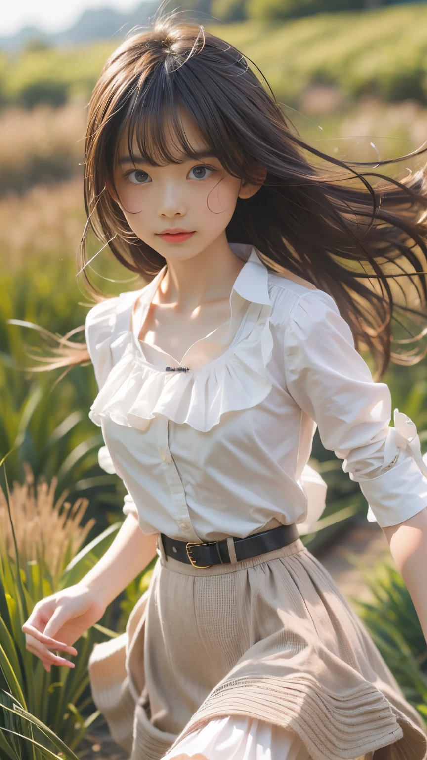 masterpiece , Highest quality , Very detailed , 1 person, ((Contrasting Eyes)) , running , blouse, skirt , bangs , field