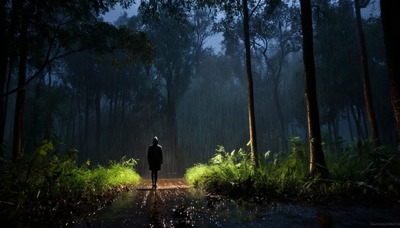 facing the dark forest, dark night, heavy rain, tense atmosphere