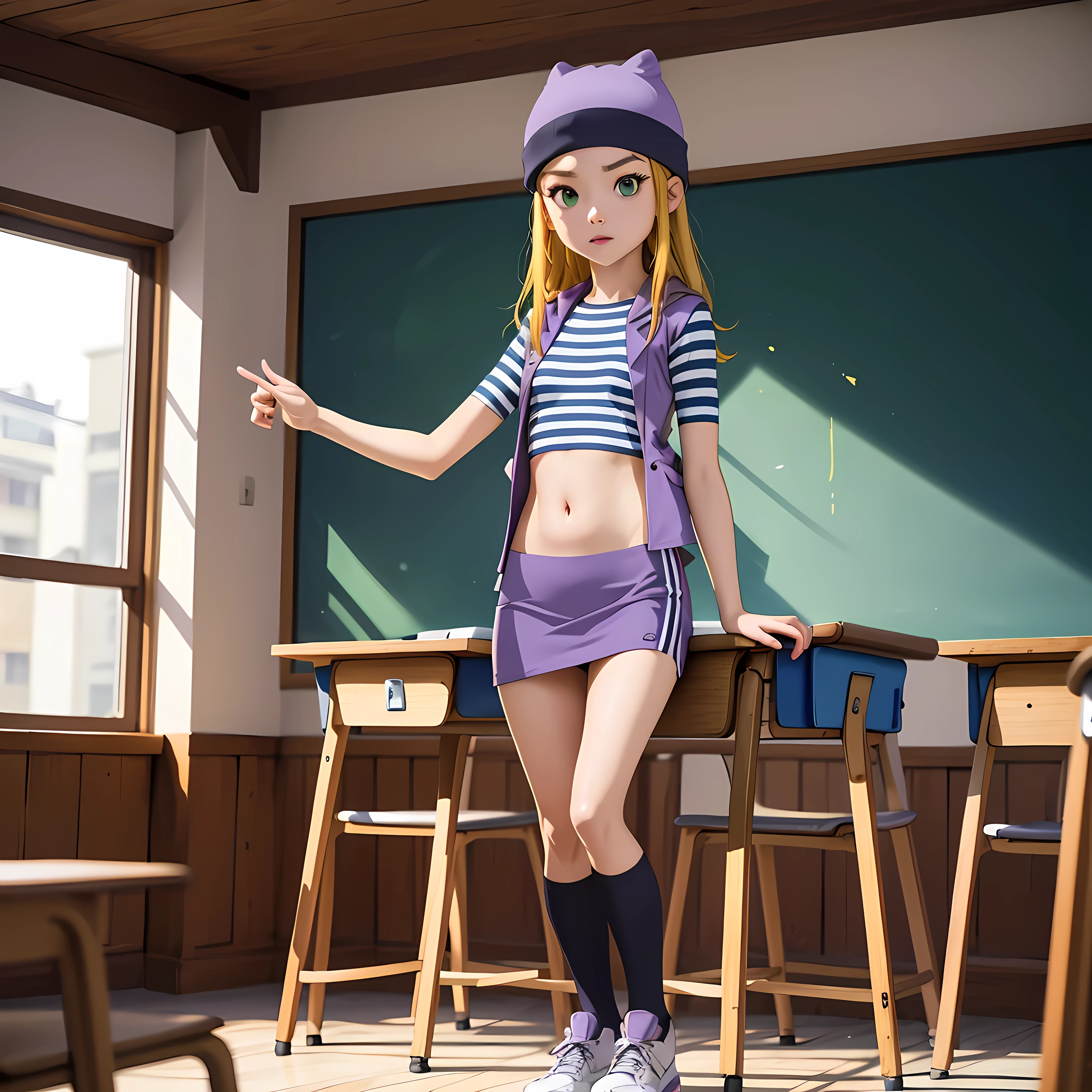 (masterpiece, best quality), 1girl, izumi Orimoto, indoors, classroom, seated, green eyes, blonde hair, long hair, purple beanie, purple vest, purple miniskirt, blue white striped shirt, long purple socks, sneakers, purple vest, striped shirt, navel shirt, small breast,