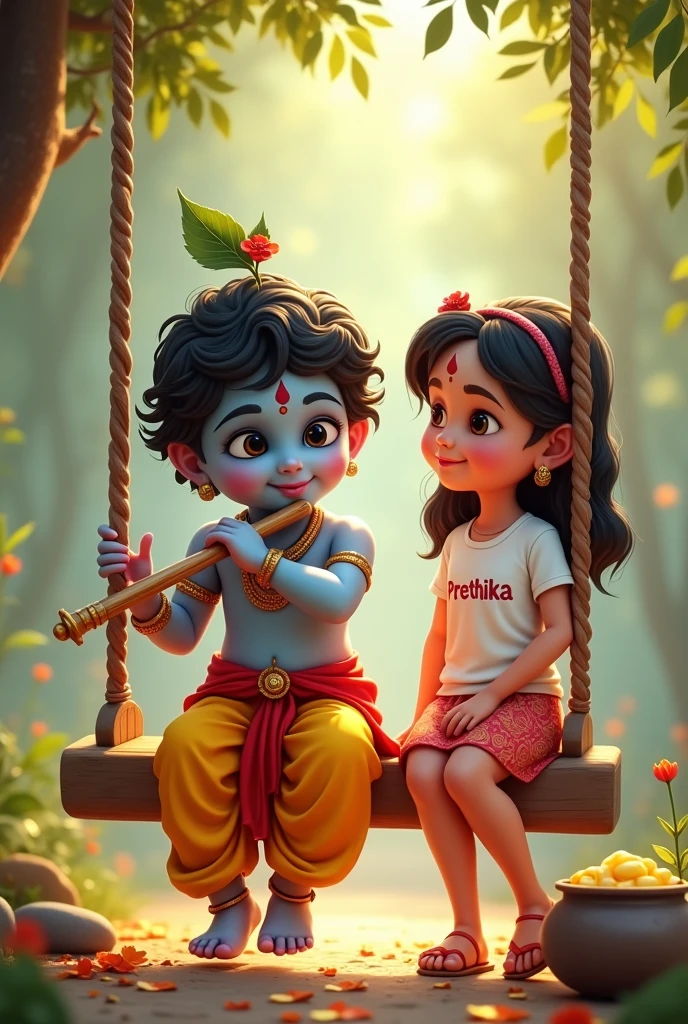 An image with Little Krishna sitting on a swing, a flute in his hand, and beside should be a with "Preethika" on her tshirt. Background should be radiolucent and should have Janmashtami wishes. Both should be smiling with their teeth out. A pot of butter near Krishna would suit him well.