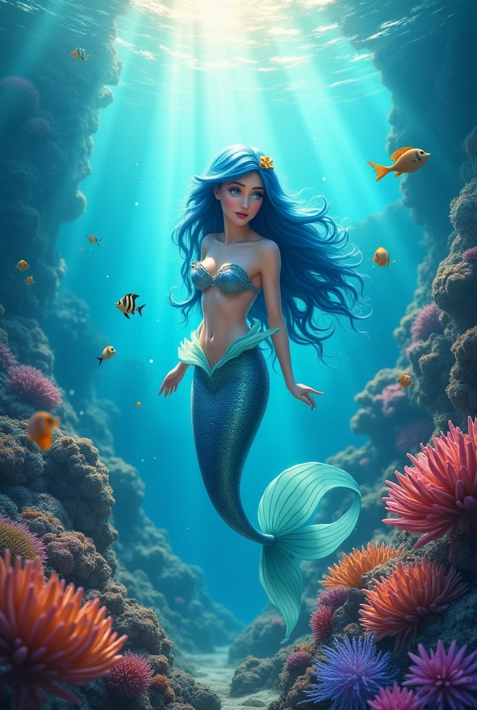 The little mermaid with blue hair Bright blue eyes Between the corals and clear rays of sun