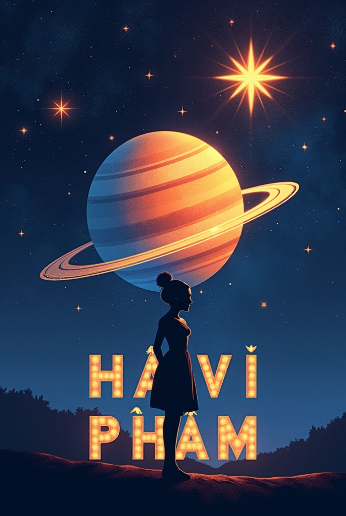 centralized writing HA VI with a capital letter and PHAM with a lowercase letter, written with planet being the name highlighted
with planet elements, the shadow of a woman making a headline, a radiant star, a simple contemporary art background,anime