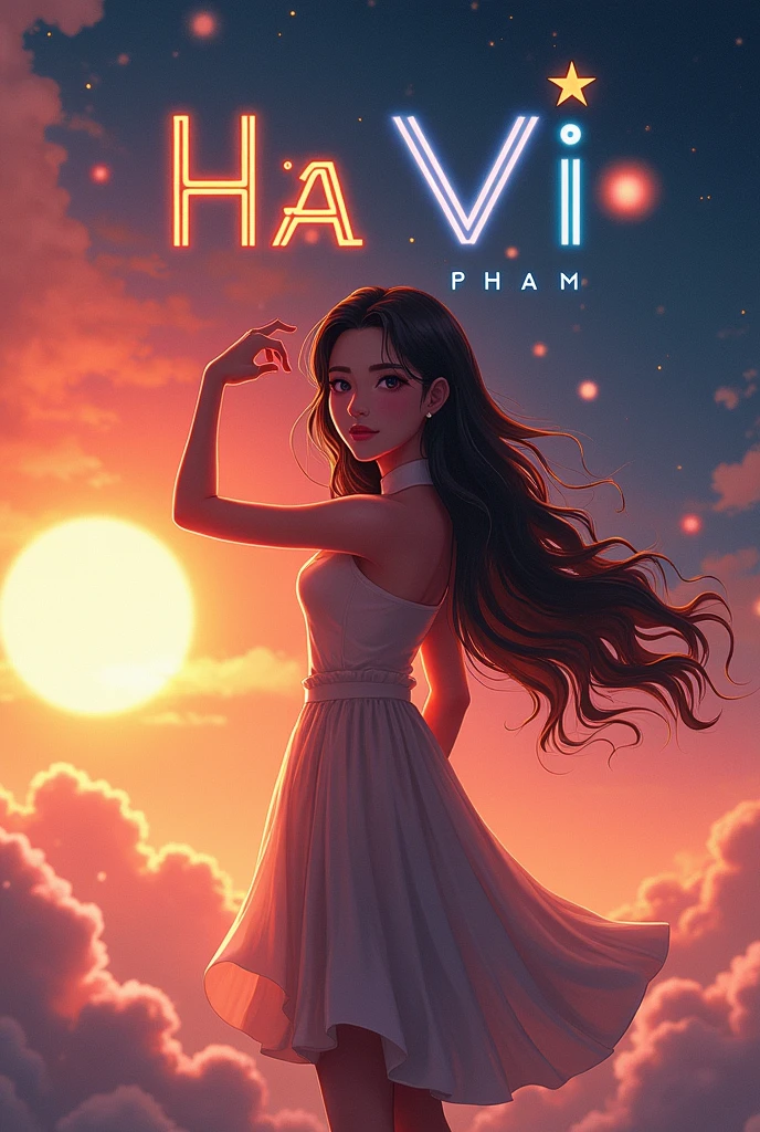 centralized writing HA VI with a capital letter and PHAM with a lowercase letter, written with planet being the name highlighted 

with planet elements, the shadow of a woman making a headline, a radiant star, a simple contemporary art background,anime
