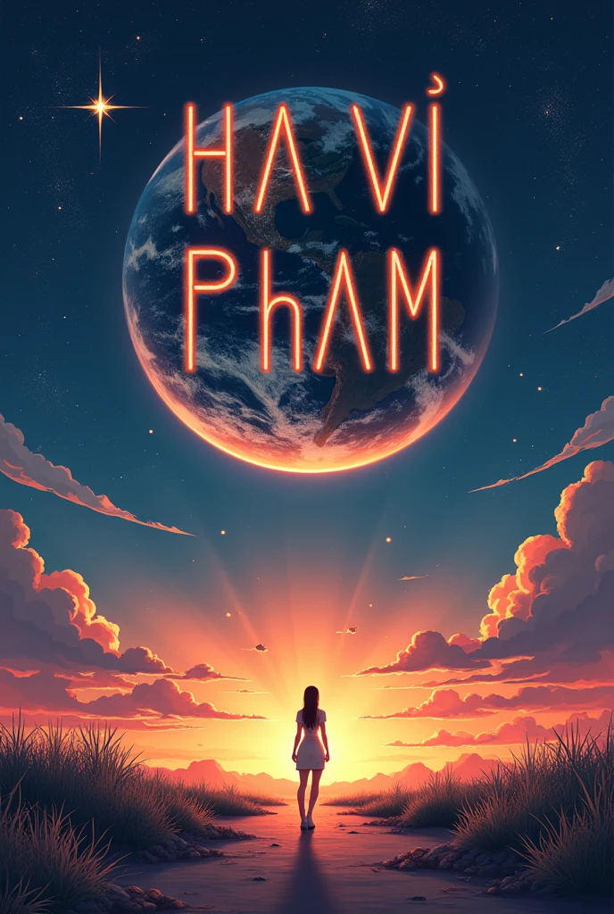 centralized writing HA VI with a capital letter and PHAM with a lowercase letter, written with planet being the name highlighted
with planet elements, the shadow of a woman making a headline, a radiant star, a simple contemporary art background,anime