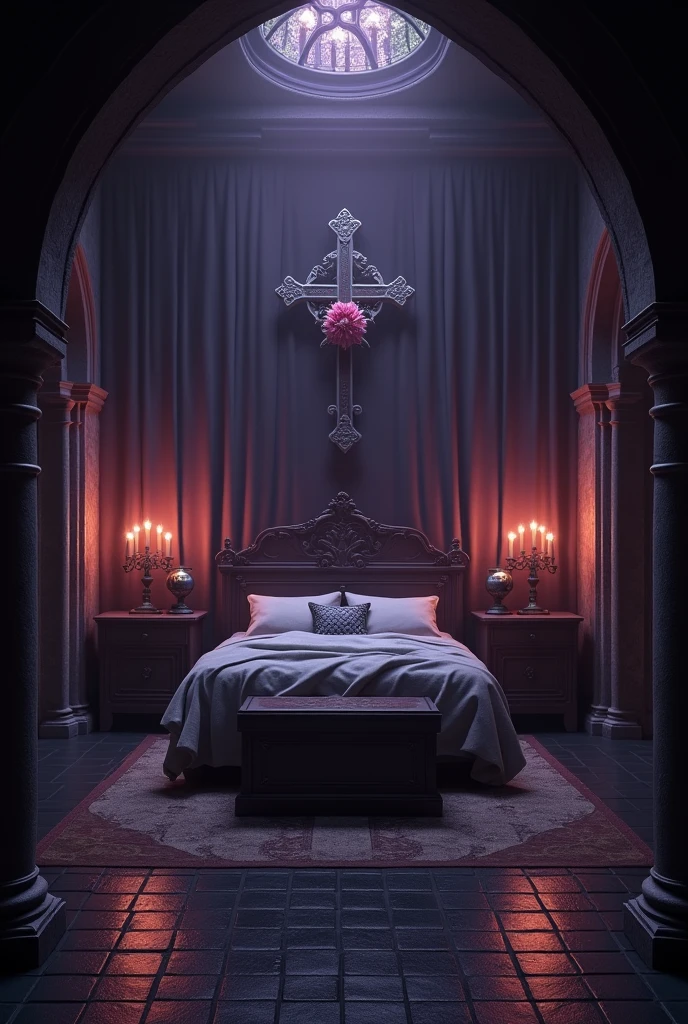 bedroom floor plan, gothic room, Mediovale, diffuse light, Dark curtains, candles in candelabras next to the bed, censers, cross with a flower in the center on the wall, Place to place armor,  black wooden floor, luz roxa, dawn, chest at the foot of the bed, no human
