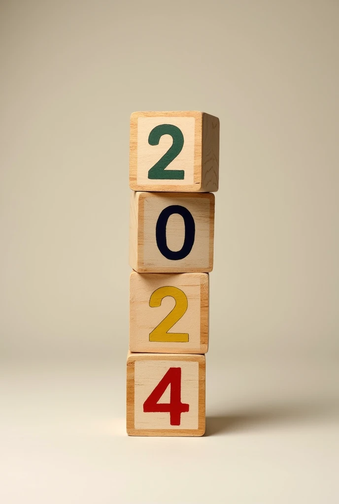 Create a stack of 4 wooden toy blocks on top of each other with each cube having the number 2, 0, 2 and 4