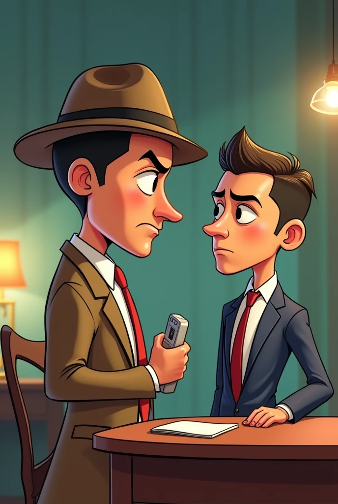 Cartoon detective named Cristiano with a big head and , resembling a young Cristiano Ronaldo, interrogating a nervous servant. The scene is humorous with Cristiano's exaggerated facial expressions and ."
Details: Cristiano should appear comically serious but non-threatening.
