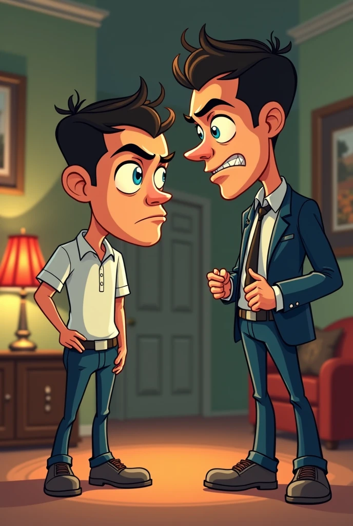 Cartoon detective named Cristiano with a big head and , resembling a young Cristiano Ronaldo, interrogating a nervous servant. The scene is humorous with Cristiano's exaggerated facial expressions and ."
Details: Cristiano should appear comically serious but non-threatening.